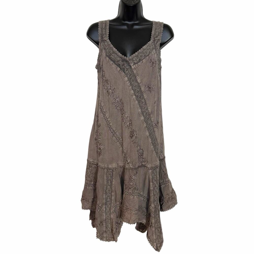 Vtg 90s Lace Corset Pixie Fairy Dress M Earthy Hand Embroidered Handkerchief Hem